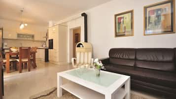 TV, lareira, livros, videoteca
