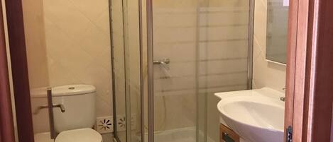 Combined shower/tub, hair dryer, bidet, towels