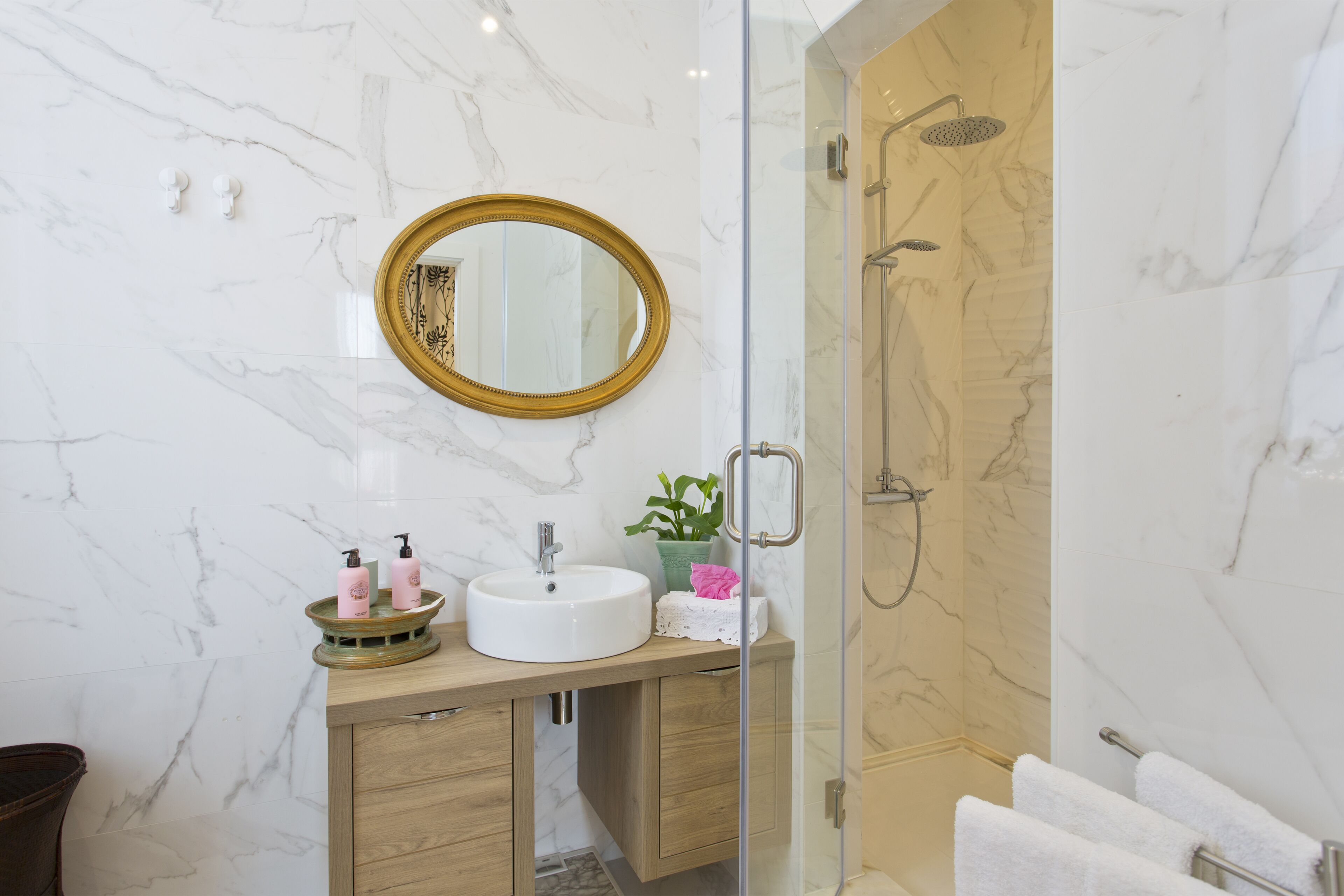 Shower, hair dryer, bidet, towels