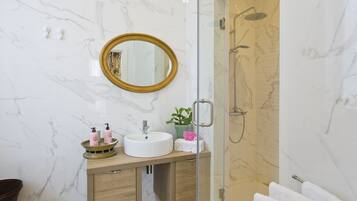 Shower, hair dryer, bidet, towels