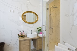 Shower, hair dryer, bidet, towels
