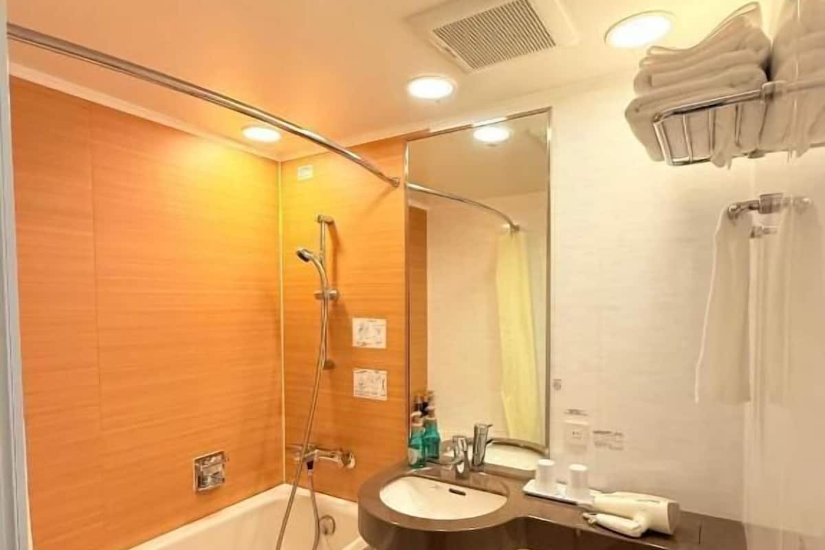 Combined shower/bathtub, deep-soaking bathtub, free toiletries