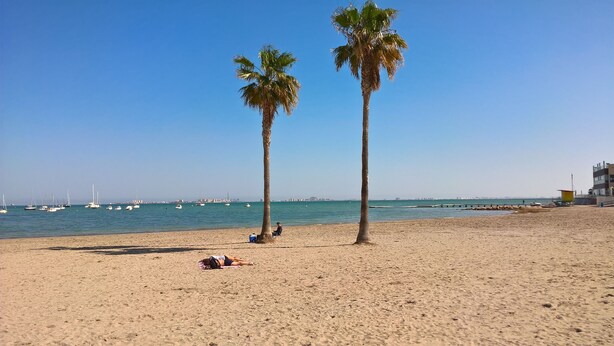 A beach with two palm trees, a sandy shore, and boats in the water. - Luxury Villa south facing-Beach 500m-Private heated pool-English TV-WiFi-BBQ (SANTIAGO DE LA RIBERA)
