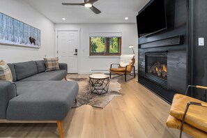 TV connectée, cheminée, livres