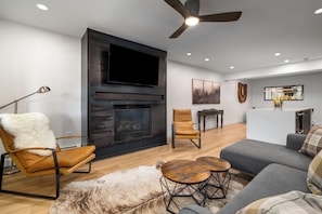Smart TV, fireplace, books
