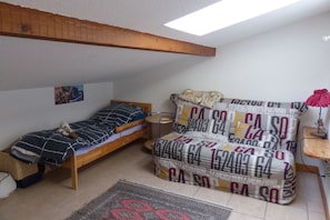 A small, cozy room with a single bed, a sofa, a small table, and a ceiling light.