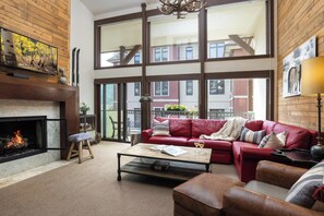 TV, fireplace, books