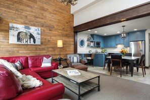 Smart TV, fireplace, books