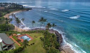 A beachfront property with a swimming pool, lush greenery, and a view of the ocean.