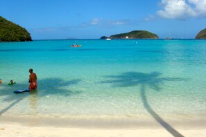 A beach with clear turquoise water, a sandy shore, and a small boat in the distance.