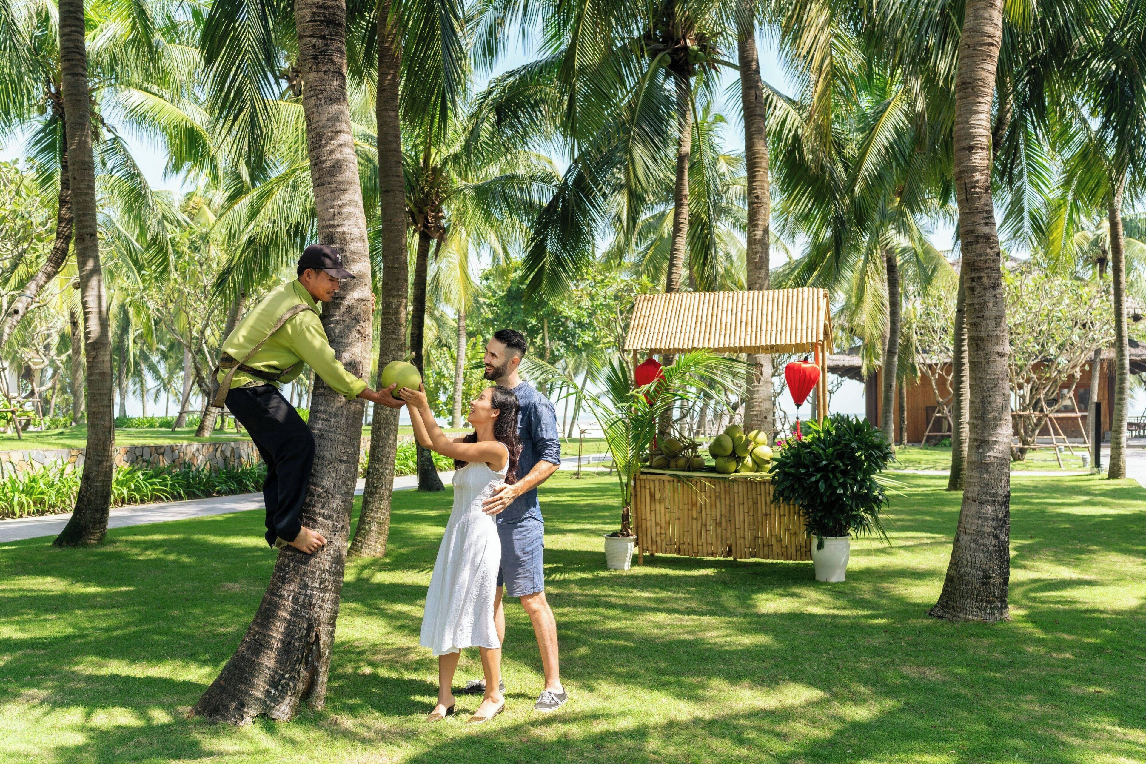 Tropische omgeving met palmbomen, een houten constructie met planten, en een persoon die een boom beklimt.