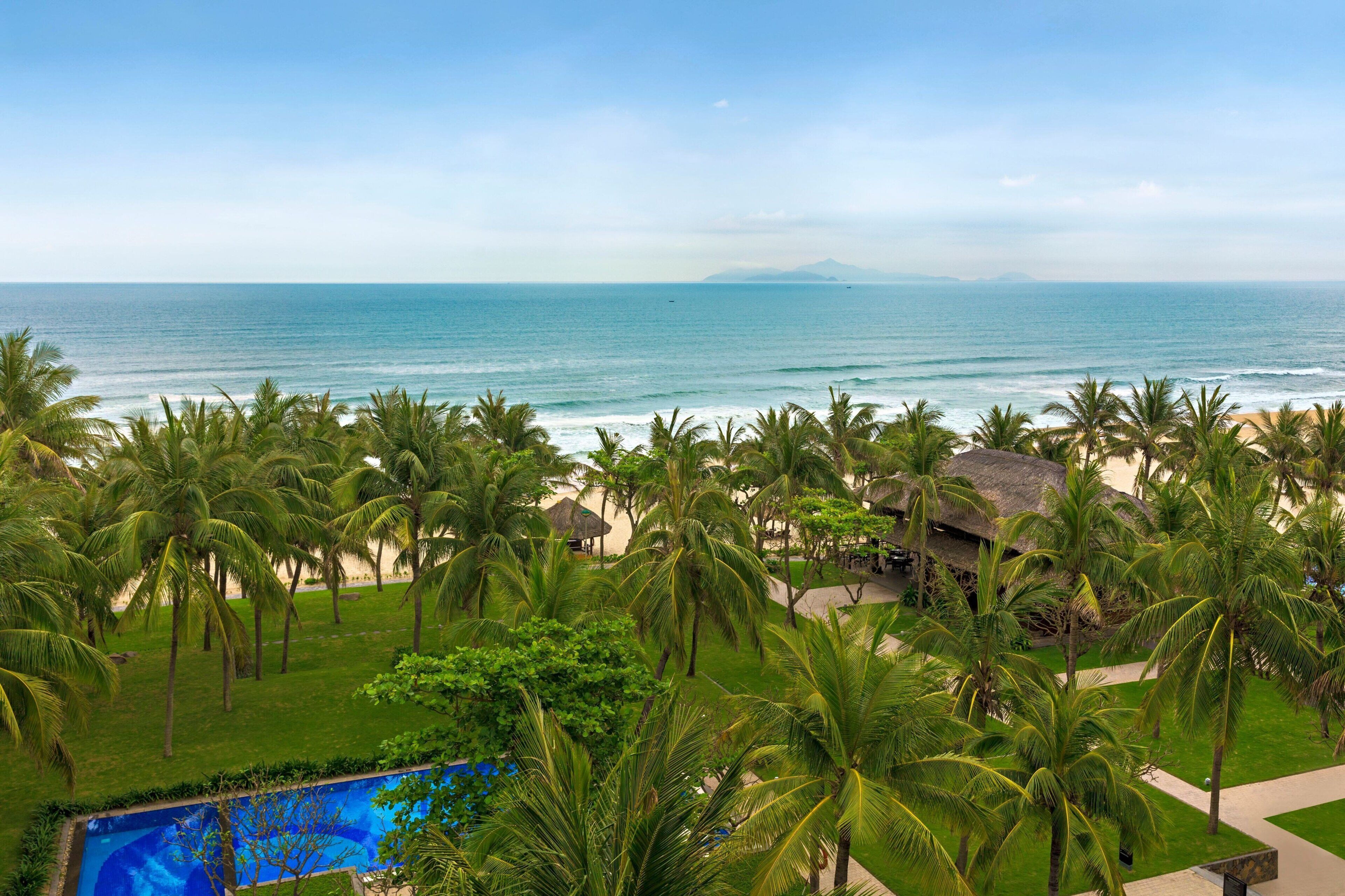 Un resort con piscina, palmeras y vistas al océano.