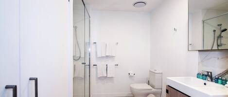 Een moderne badkamer met een douchecabine van glas, een toilet, een wastafel met een marmeren aanrechtblad en een spiegel boven de wastafel.