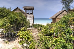 Un complexe hôtelier de bord de mer avec des bungalows aux toits de chaume, un sentier sablonneux et une végétation luxuriante.