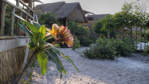 Un resort frente a la playa con cabañas de techo de paja, una playa arenosa y exuberante vegetación tropical.