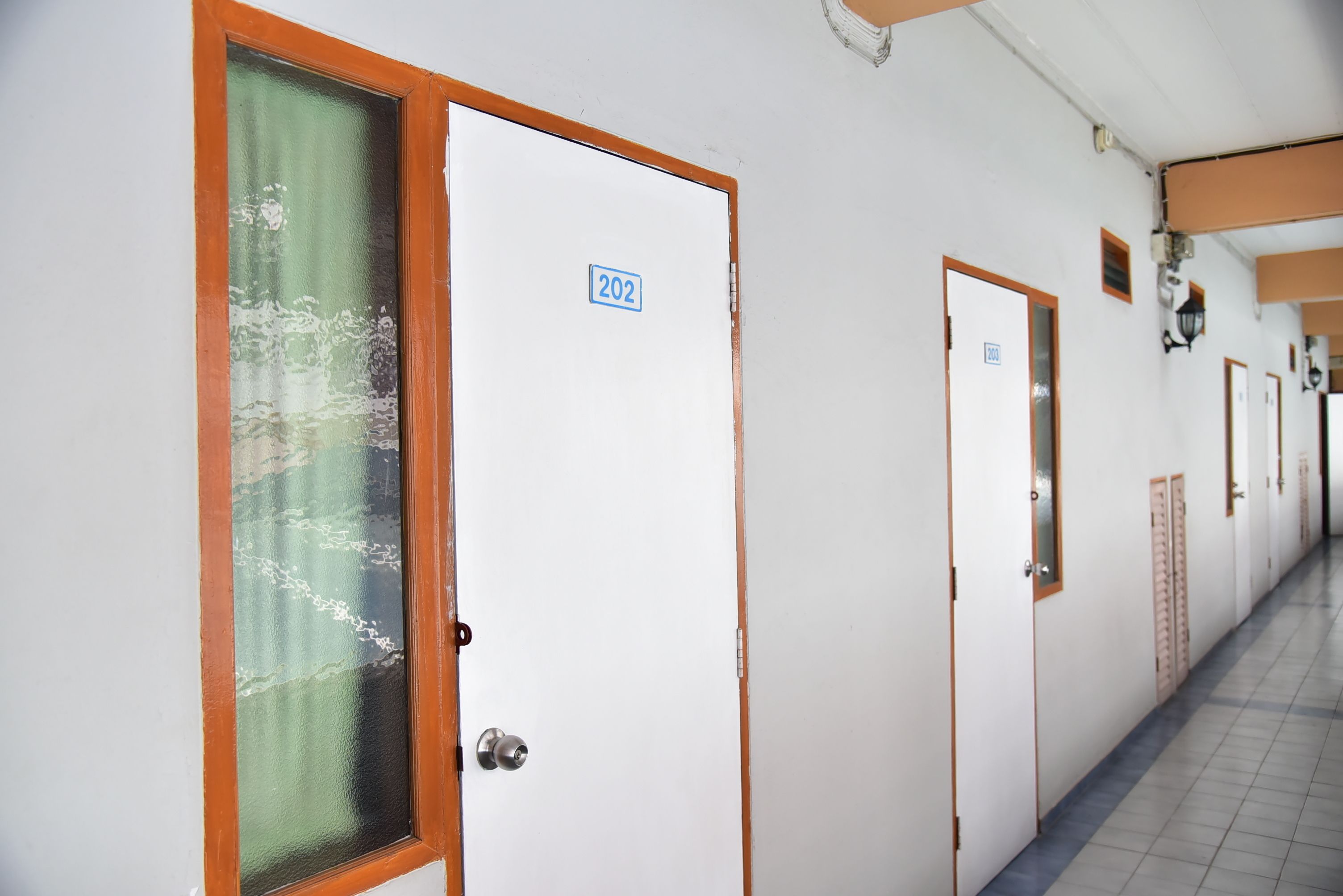 A corridor with doors numbered 202 and 203, indicating a hotel or similar accommodation.