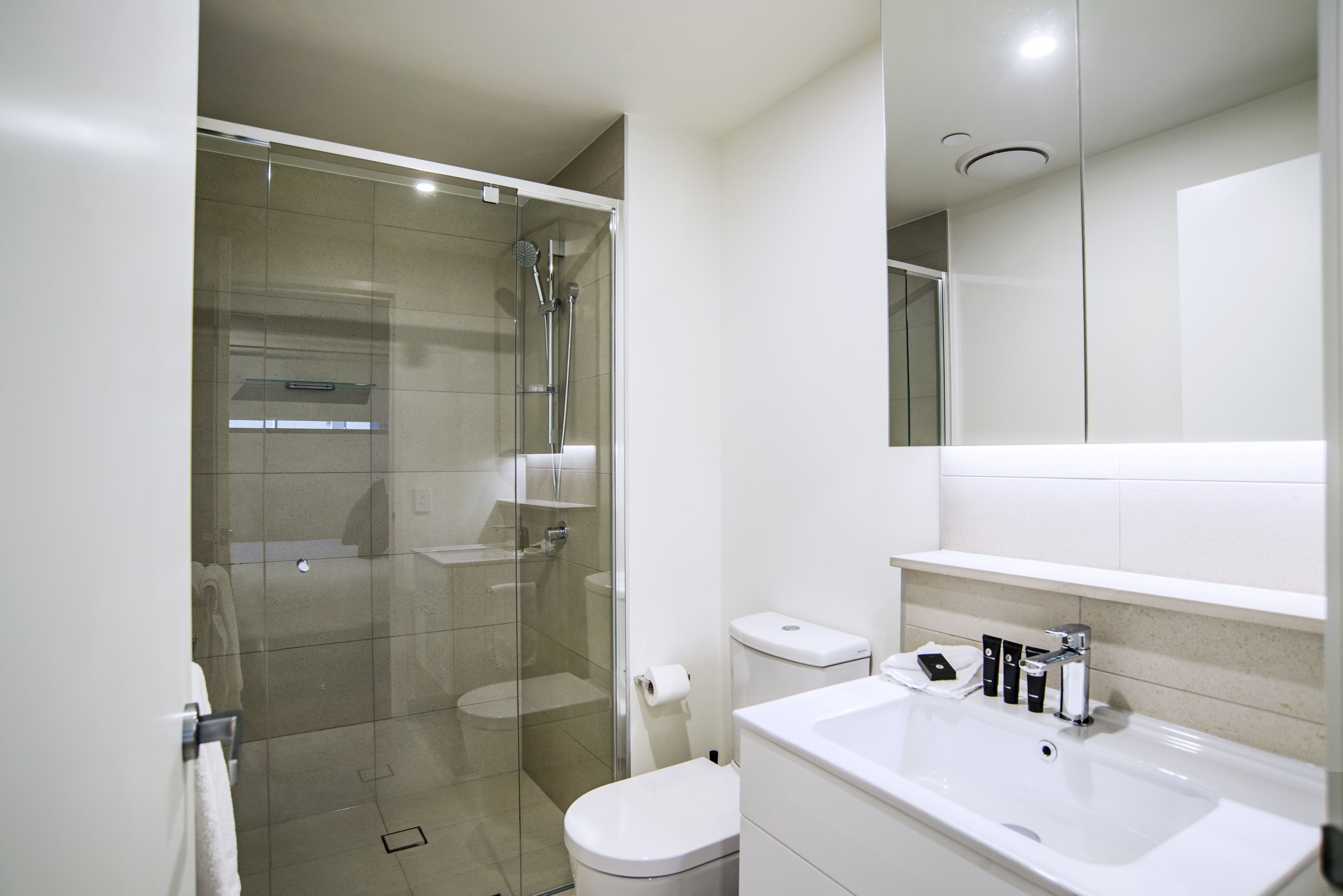 A modern bathroom with a glass-enclosed shower, a white toilet, and a sink with a mirror above it.