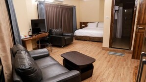 Habitación de hotel con sofá de cuero, un escritorio pequeño con televisor, cama y zona de ducha.