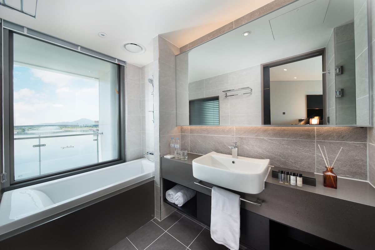 shower, hair dryer, bathrobes, slippers