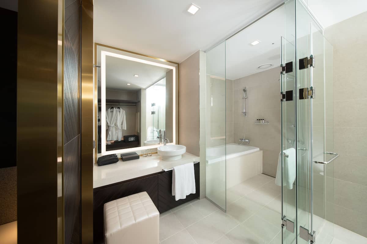 junior suite double | bathroom | shower, hair dryer, bathrobes, slippers