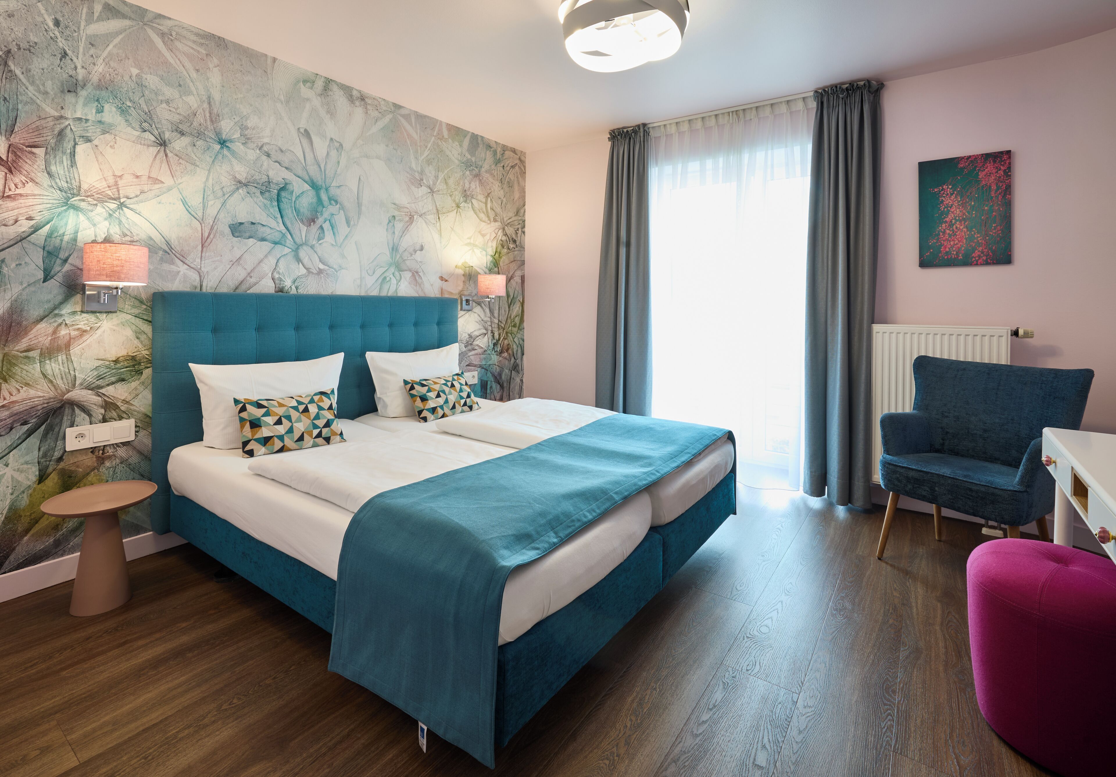 desk, blackout curtains, soundproofing, iron/ironing board