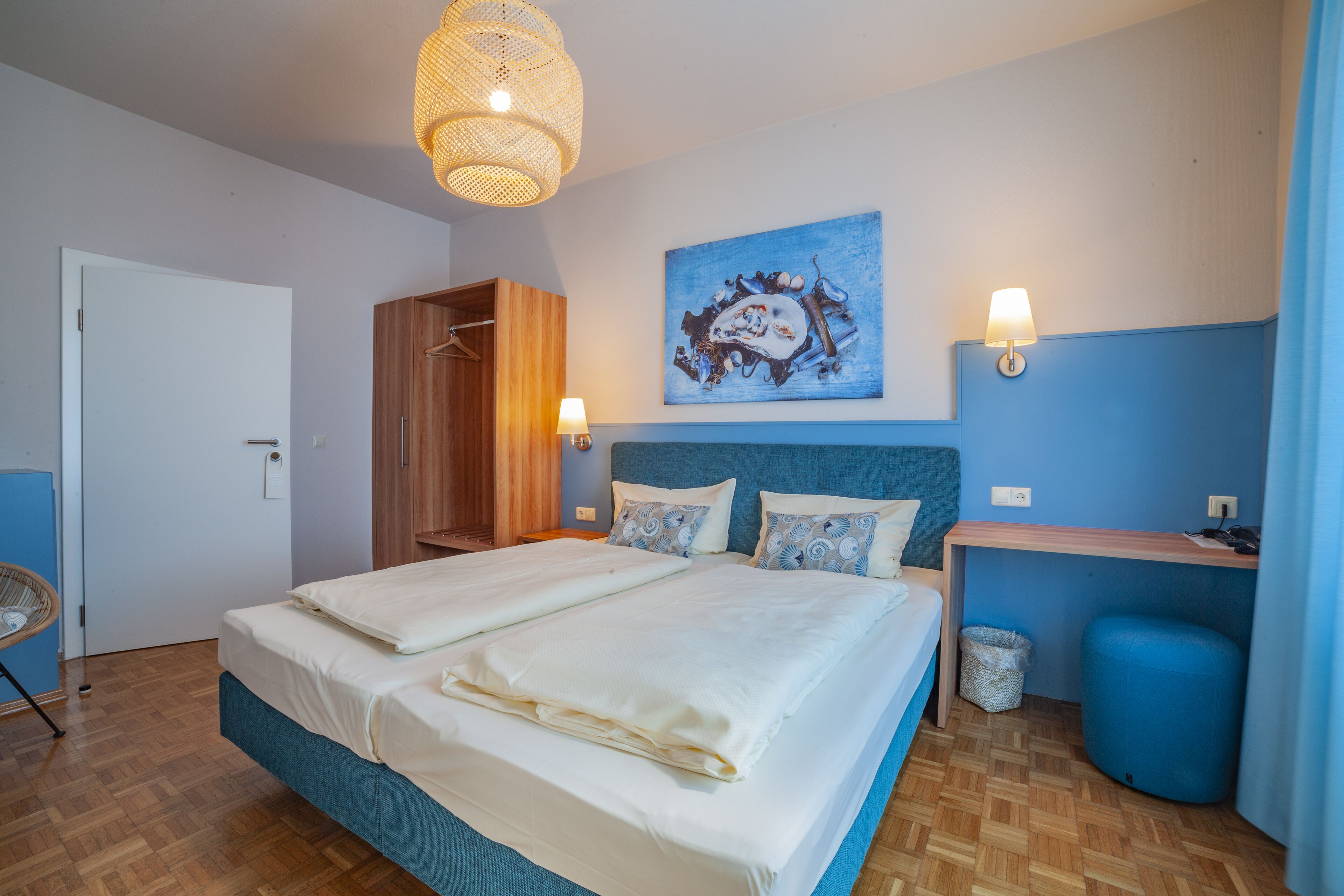 desk, blackout curtains, soundproofing, iron/ironing board