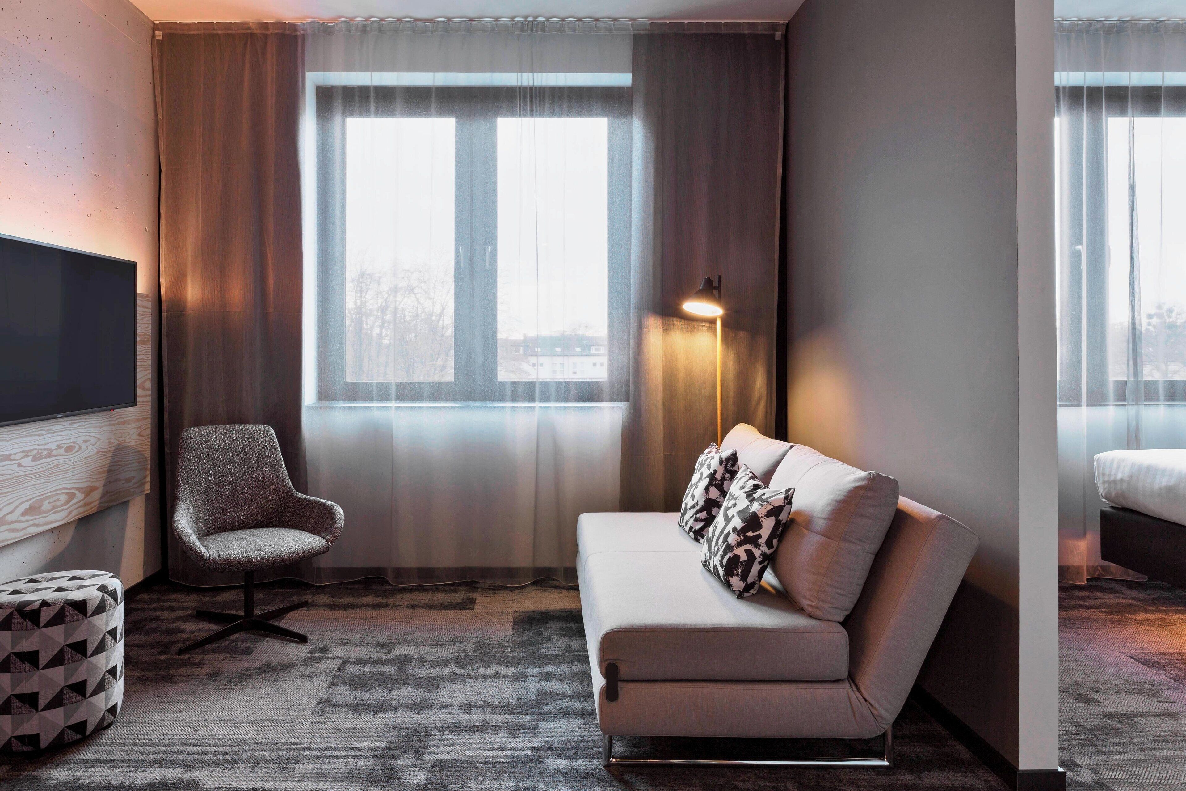 room, 1 queen bed with sofa bed | living room | 49-inch led tv with cable channels, tv