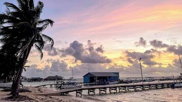 A beach with a wooden pier, a small blue building, and palm trees.