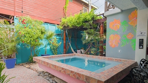 A swimming pool with a stone border, surrounded by potted plants and a mural of flowers. - Drift Inn San Pedro (San Pedro)