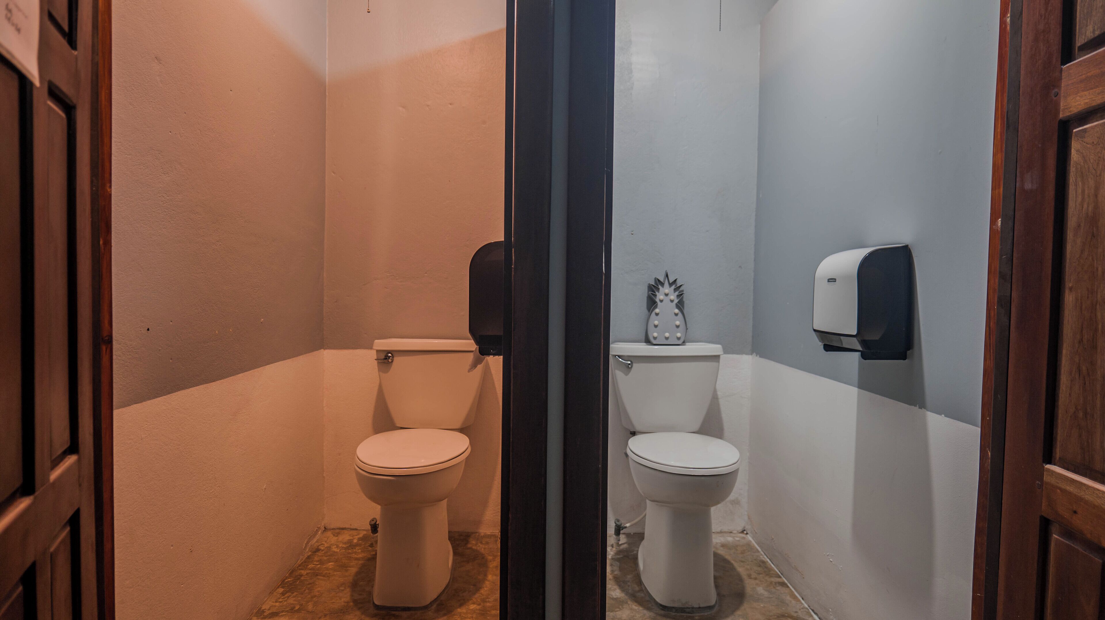 A small, narrow bathroom with two toilets, a hand dryer, and a decorative item on the wall.