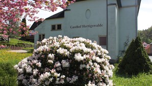 Un bâtiment dont la façade porte l’inscription « Gasthof Hertigswalde », entouré d’une végétation luxuriante et de buissons en fleurs.