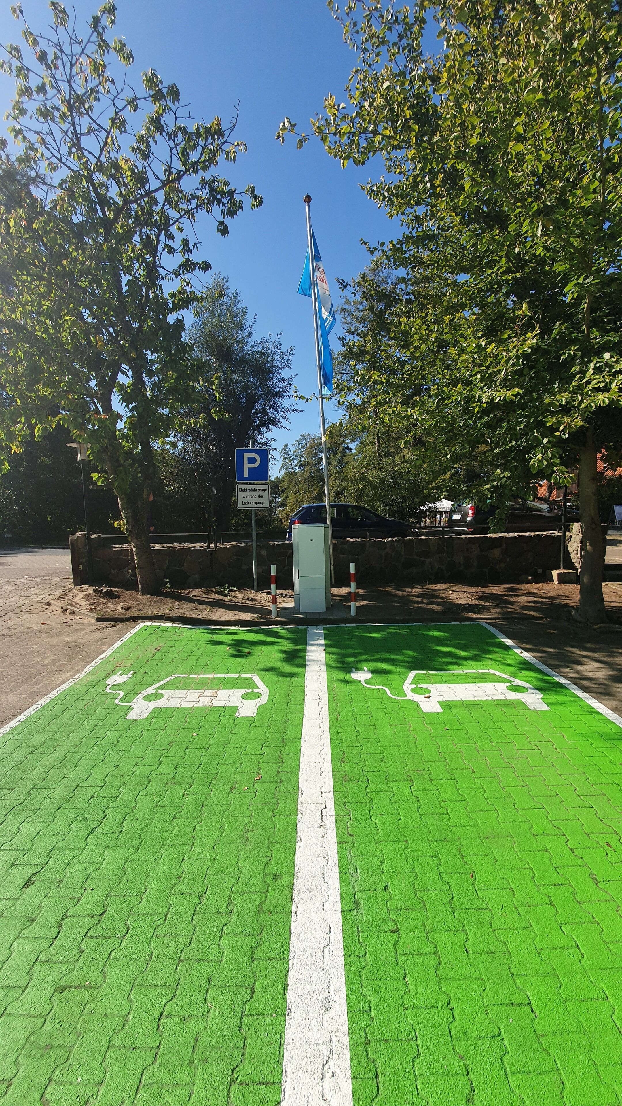 A parking area with green painted lanes for electric vehicles and a blue flag on a pole.
