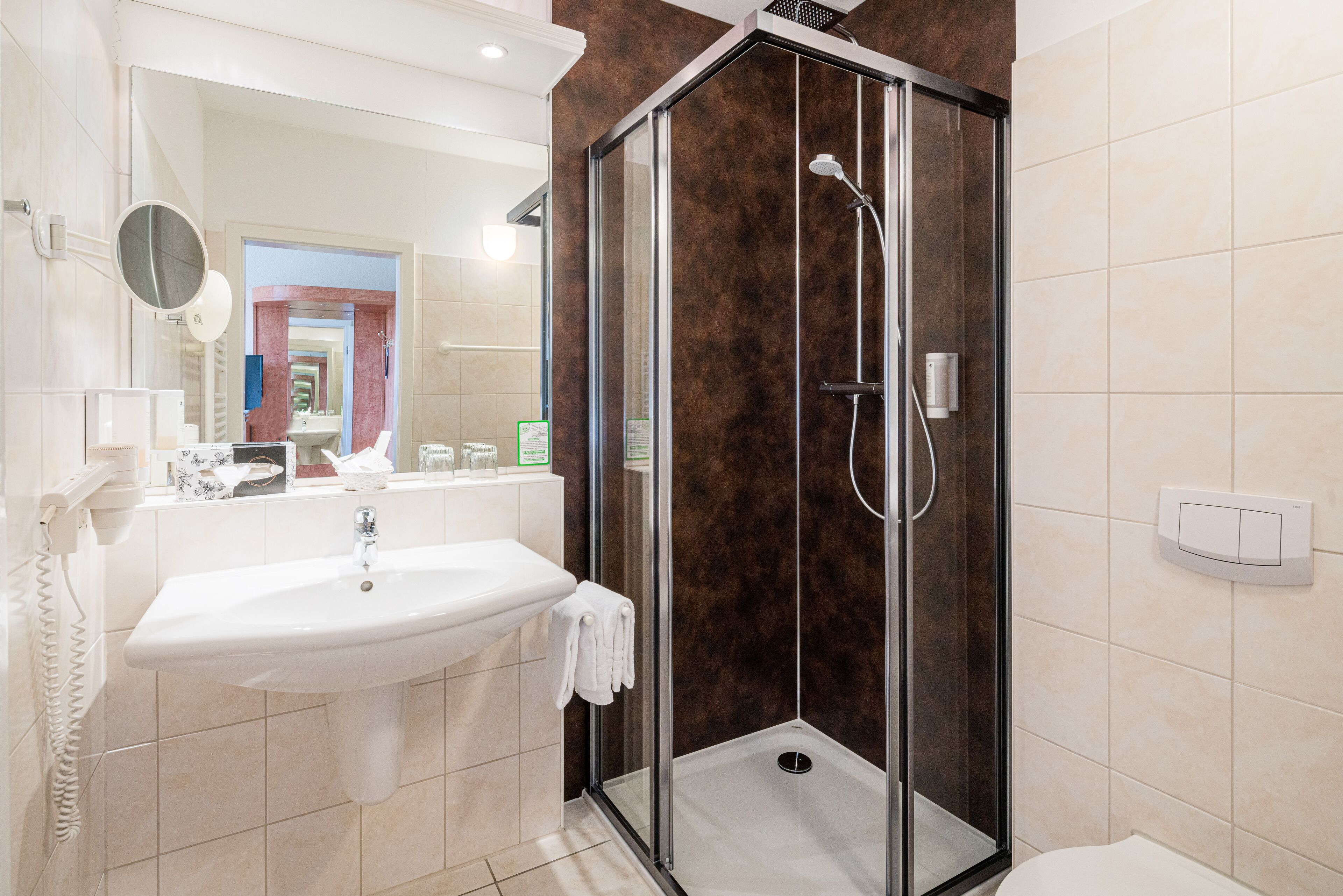 double room | bathroom | shower, hair dryer, slippers, towels