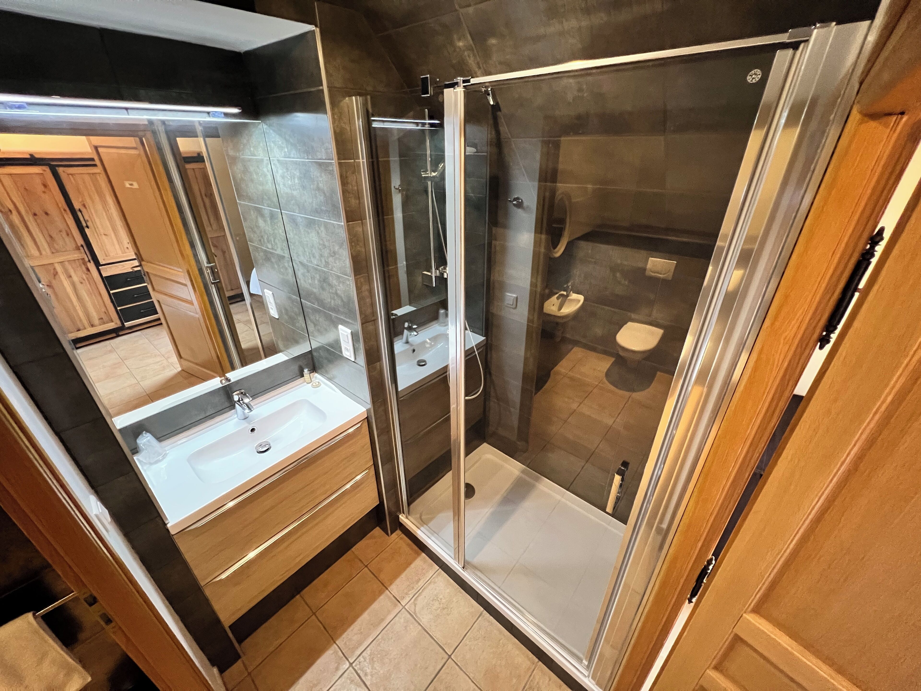 A modern bathroom with a glass-enclosed shower, a sink, and a toilet.