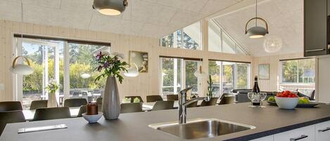 Fridge, stovetop, dishwasher, coffee/tea maker