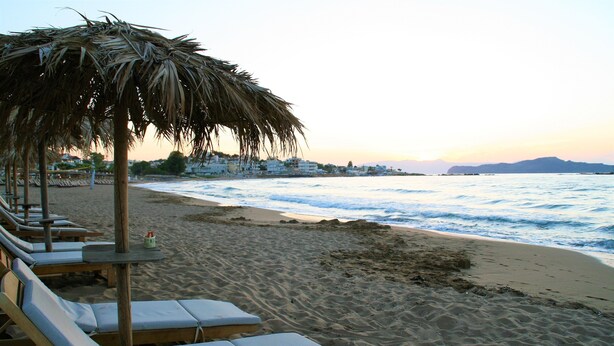Une plage avec des chaises longues et un parasol en chaume.