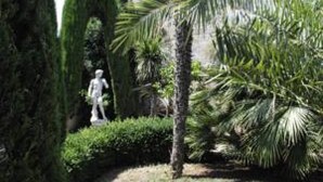 A statue in a garden with neatly trimmed hedges and palm trees. - Hotel Sovrano (Alberobello)