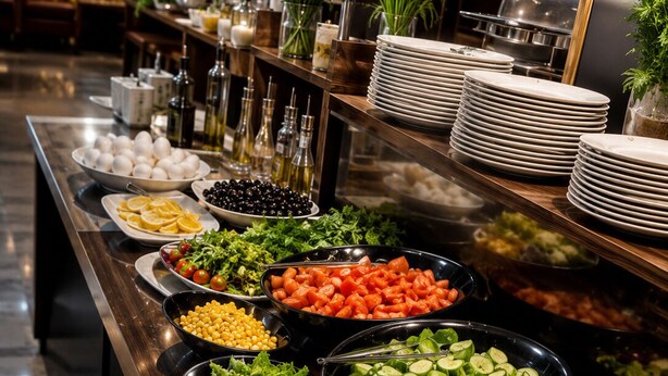 A buffet with various food items and condiments. - Version Hotel (Istanbul)