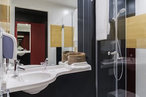 Shower, eco-friendly toiletries, hair dryer, towels