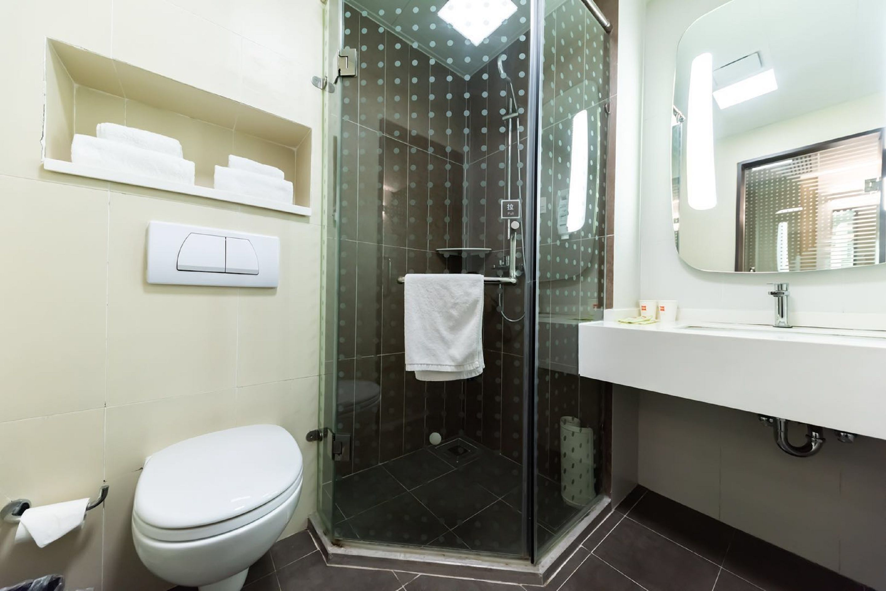A bathroom with a toilet, a glass-enclosed shower, a sink with a mirror, and a towel rack.