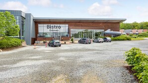 A modern building with a sign reading "Bistro Fiskenaes". There are several cars parked in front, and a gravel driveway leading to the entrance. - Marina Fiskenæs Feriepark (Gråsten)