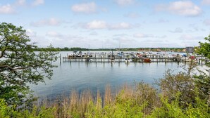 A marina with boats docked, surrounded by greenery and a clear sky. - Marina Fiskenæs Feriepark (Gråsten)
