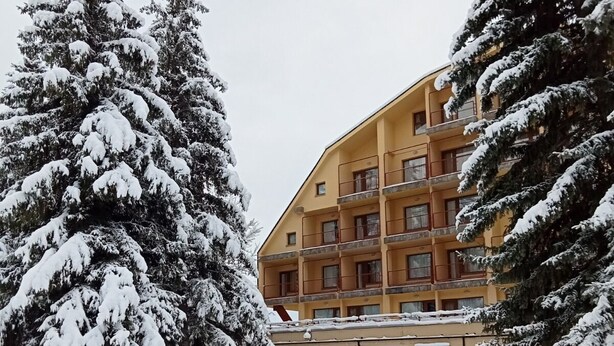 A multi-story hotel with a snow-covered courtyard and large evergreen trees. - Apartamentos SNÖ Edelweiss (Benasque)