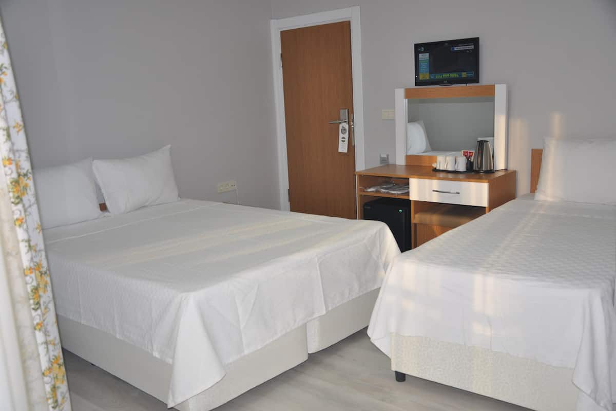 A hotel room with two beds, a desk with a television, and a coffee maker.