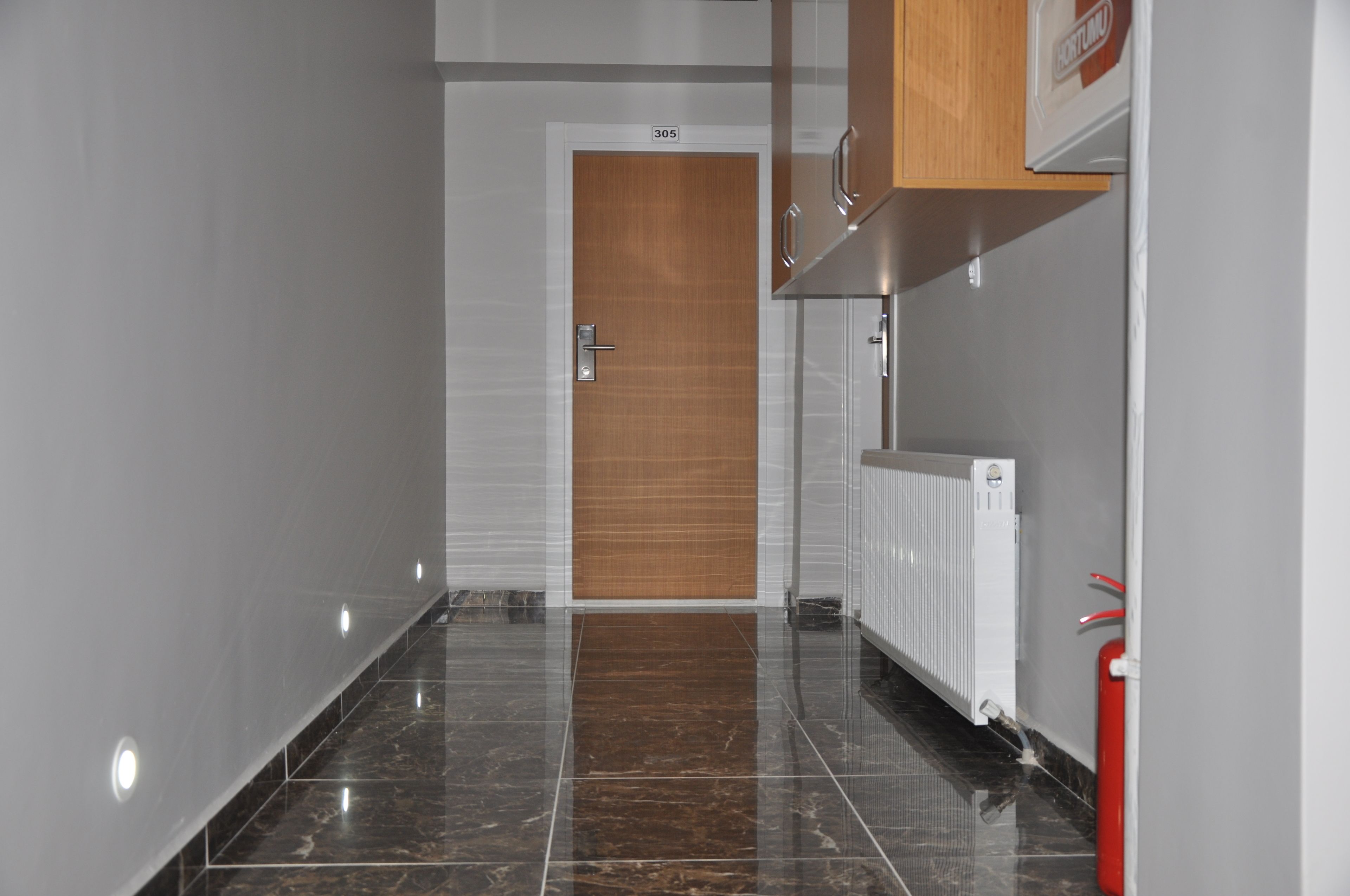A hallway with a wooden door marked 305, a white radiator, and a fire extinguisher.
