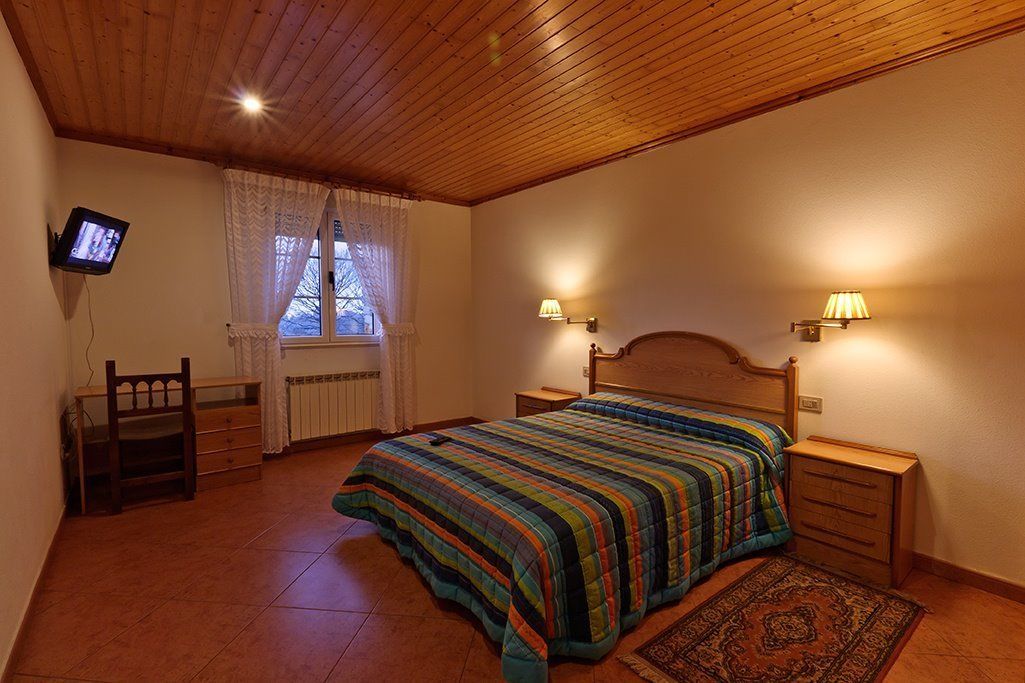 A bedroom with a wooden ceiling, a bed with a colorful striped bedspread, two bedside lamps, a small wooden nightstand, a chair, a television on the wall, and a window with curtains.