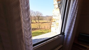 Une pièce avec un mur en pierre et une fenêtre donnant sur un champ verdoyant.
