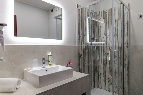Shower, rainfall showerhead, free toiletries, hair dryer