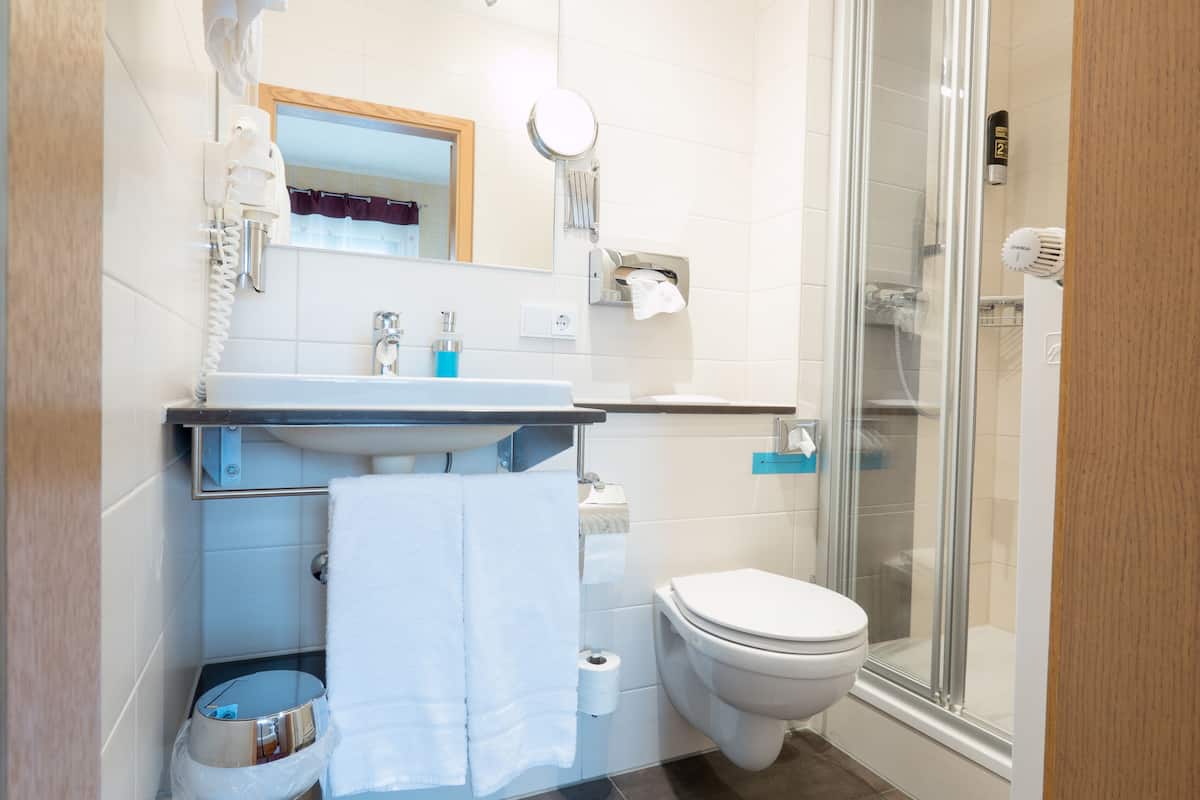 basic double room | bathroom | shower, free toiletries, hair dryer, towels