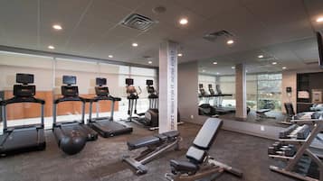 A gym with treadmills, elliptical machines, a bench press, and dumbbells.